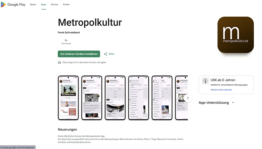 Screenshot der Metropolkultur-App im Google Play Store mit App-Logo, Vorschaubildern und Hinweis auf die neue Android-App für Kulturtermine in der Metropolregion Rhein-Neckar.